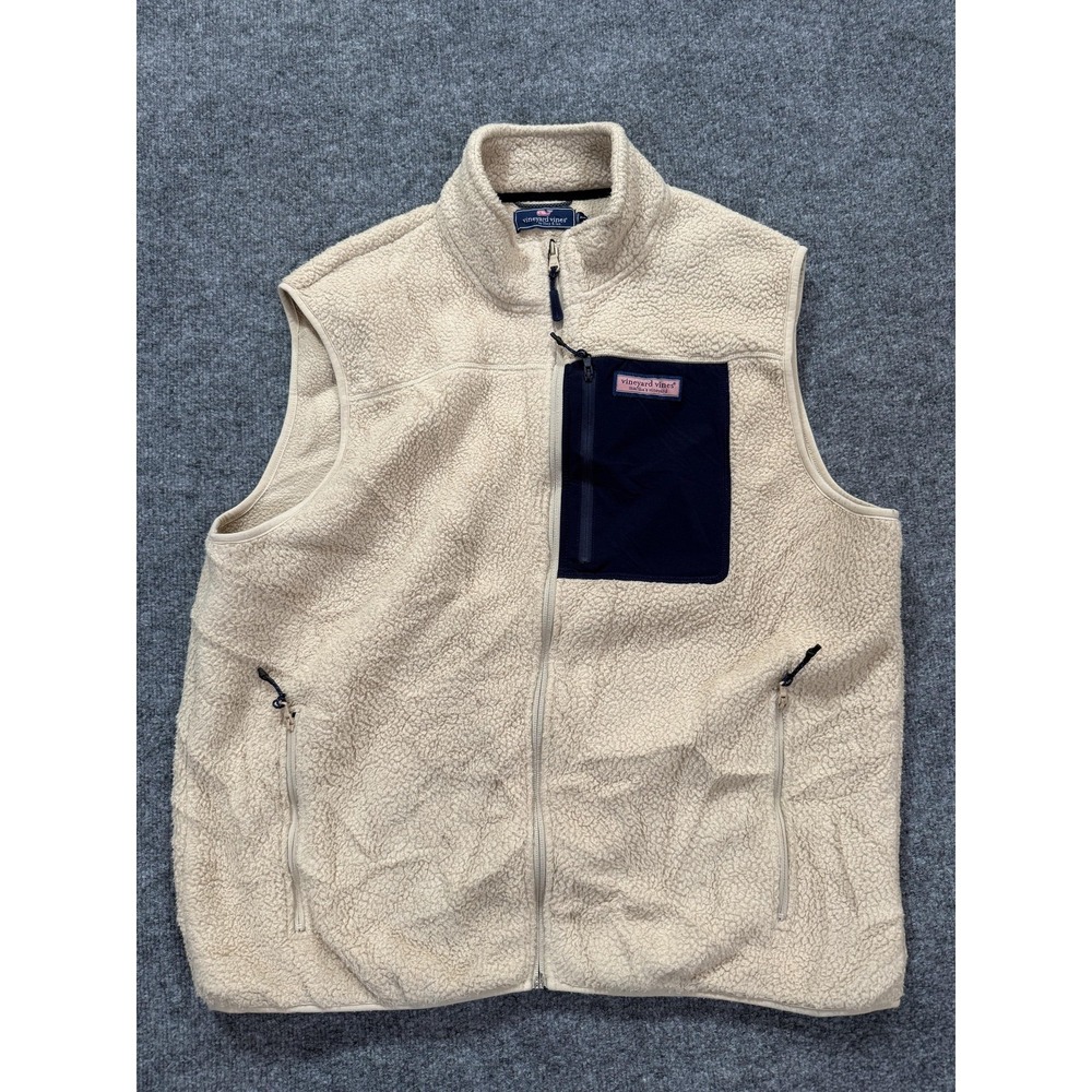 Vineyard Vines Vest‎ Mens XL Beige Sherpa Fleece Full Zip Chest Pocket Warm